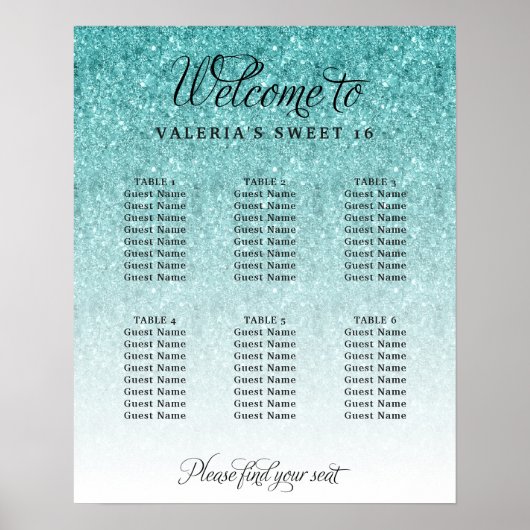 Zitkaart Aqua Blue Glitter Poster (Voorkant)