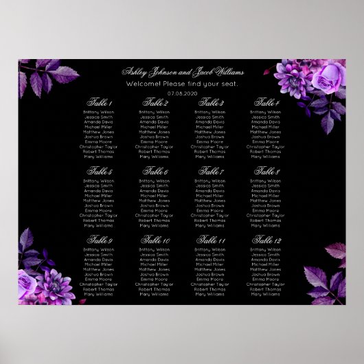 Zitkaart voor paarse en zwarte bruiloft poster (Voorkant)