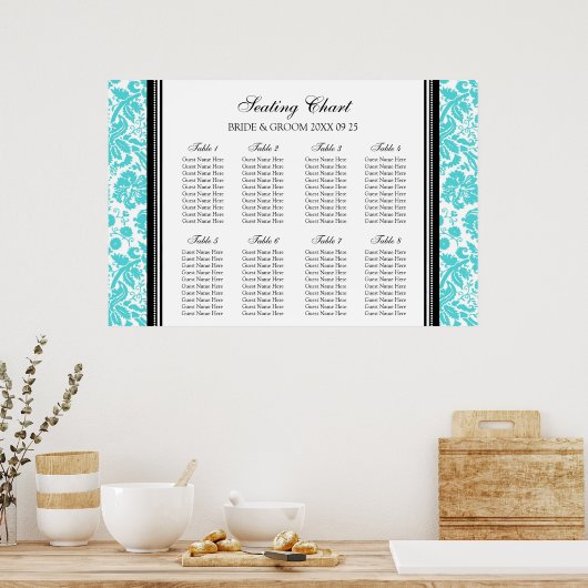 Zitkuur 8 Tables Black Aqua Damask Poster (Keuken)