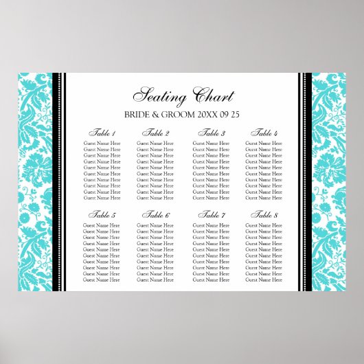Zitkuur 8 Tables Black Aqua Damask Poster (Voorkant)