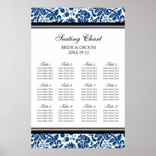 Zitplaatje 12 Tables Black Blue Damask Poster (Voorkant)
