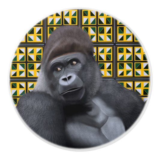 Zittend Gorilla Geel Groen Geometrisch Wildlife Keramische Knop (Voorkant)