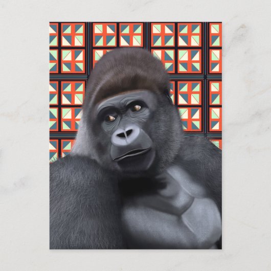 Zittend Gorilla op Rood en Blauw Geometrisch Wildl Briefkaart (Voorkant)