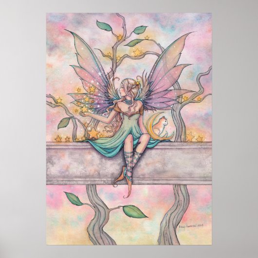 Zittend met Sterren Fairy met Oranje Tabby Art Poster (Voorkant)