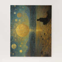 Zittend op het strand van de surrealistische werel