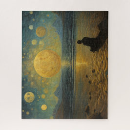 Zittend op het strand van de surrealistische werel legpuzzel