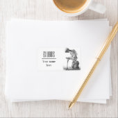 Zittend skelet denkende boekenplaat etiket (Insitu)