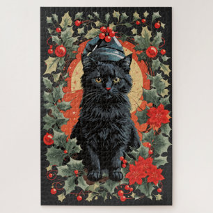 Zittend Zwart Kat Kerstmis Thema Legpuzzel