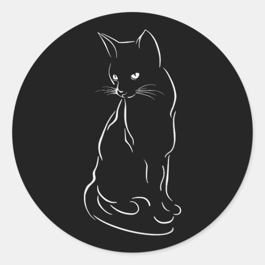 Zittend zwart kat silhouet | Handgeschetst Ronde Sticker (Voorkant)