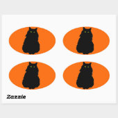 Zittend Zwart Kat Silhouet op Sinaasappel Ovale Sticker (Vel)