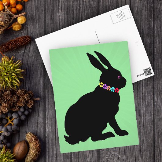 Zittend Zwart Konijn in Silhouet Bloemen Briefkaart