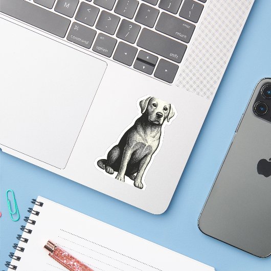  zittende hond illustratie sticker (Laptop met iPhone)