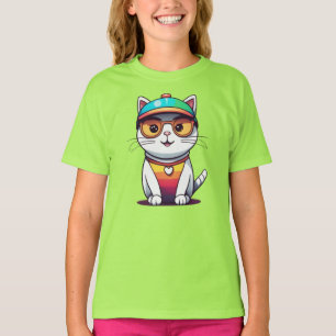 Zittende kat draagt een bril en Pet T-shirt