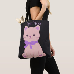 Zittende Kat Paarse Strik Schattig Kawaii Aangepas Tote Bag