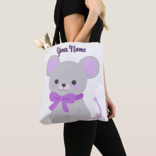Zittende Muis Paarse Strik Schattig Kawaii Aangepa Tote Bag