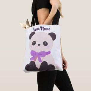 Zittende Panda Paarse Strik Schattig Kawaii Aangep Tote Bag