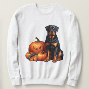 Zittende Rottweiler-hond naast Halloweenpompoenen Trui