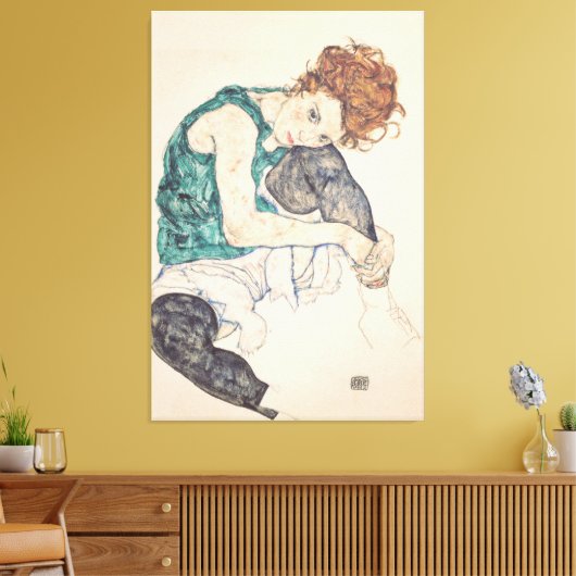 Zittende vrouw met hoofd op knie canvas afdruk (Insitu (Woonkamer))