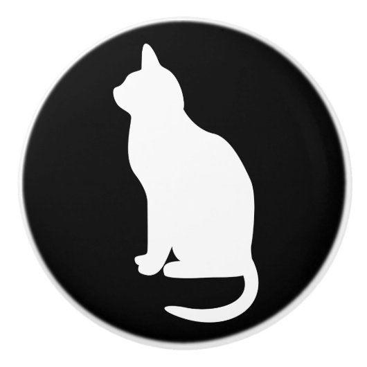 Zittende witte kat naar links keramische knop (Voorkant)