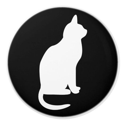 Zittende witte kat naar rechts keramische knop (Voorkant)