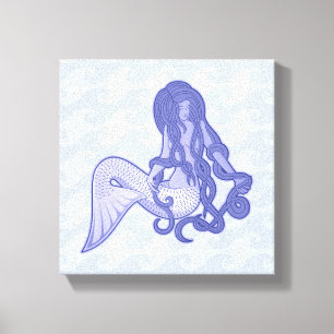 Zittende Zeemeermin Blauw Canvas Afdruk