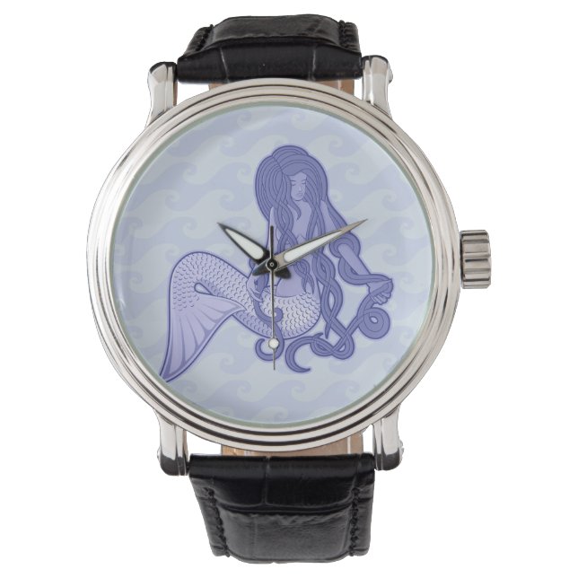 Zittende Zeemeermin Blauw Horloge (Voorkant)