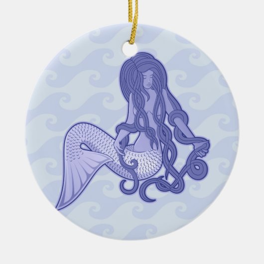 Zittende Zeemeermin Blauw Keramisch Ornament (Voorkant)