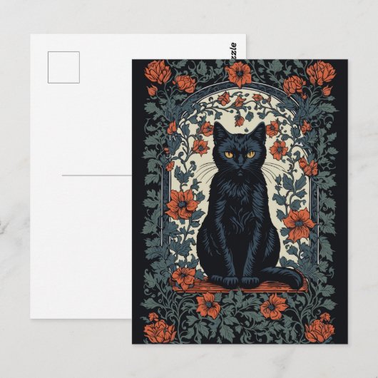 Zittende zwarte kat  bloemig briefkaart (Voorkant / Achterkant)