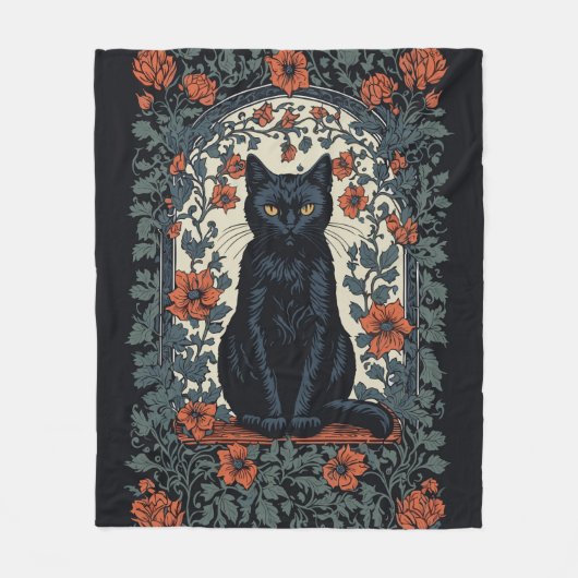 Zittende zwarte kat  bloemig fleece deken (Voorkant)
