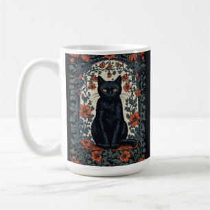 Zittende zwarte kat  bloemig koffiemok