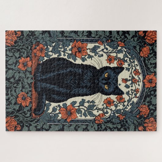 Zittende zwarte kat bloemig legpuzzel (Horizontaal)