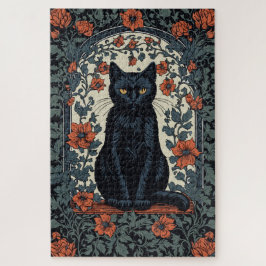Zittende zwarte kat bloemig legpuzzel