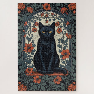 Zittende zwarte kat bloemig legpuzzel