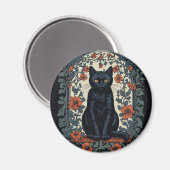 Zittende zwarte kat bloemig magneet (Voorkant / Achterkant)