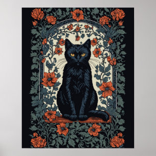 Zittende zwarte kat bloemig poster
