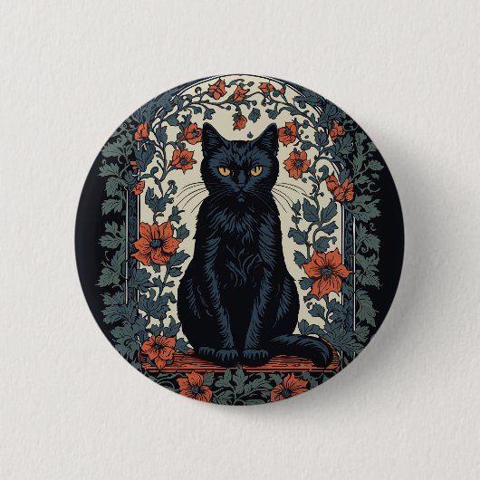 Zittende zwarte kat bloemig ronde button 5,7 cm (Voorkant)