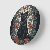 Zittende zwarte kat  bloemig ronde klok (Hoek)