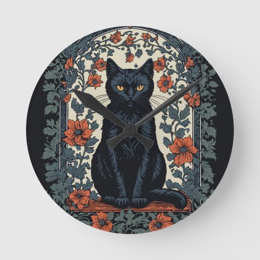 Zittende zwarte kat  bloemig ronde klok (Voorkant)