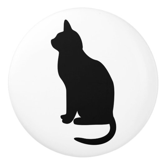 Zittende zwarte kat naar links keramische knop (Voorkant)