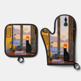 Zittende zwarte kat  ovenwant & pannenlap set