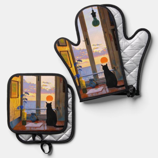 Zittende zwarte kat  ovenwant & pannenlap set (Voorkant / Achterkant)