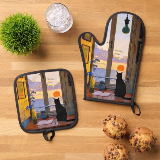 Zittende zwarte kat ovenwant & pannenlap set (Top down)