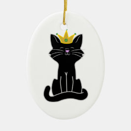 Zitterende zwarte kat met gouden kroon keramisch ornament