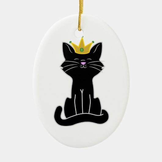 Zitterende zwarte kat met gouden kroon keramisch ornament (Voorkant)