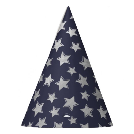 Zittige zilveren sterren - Blauwe achtergrond Pet Feesthoedjes (Links)
