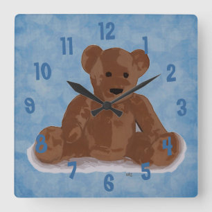 Zitting Teddy Bear (blauwe achtergrond) Vierkante Klok