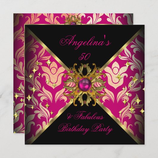 ZIZZAGO DESIGN Fabulous 50 Pink Gold Damask Party Kaart (Voorkant / Achterkant)