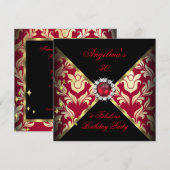 ZIZZAGO DESIGN Fabulous 50 Red Gold Damask Party Kaart (Voorkant / Achterkant)