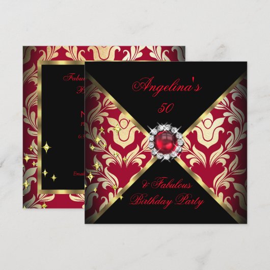 ZIZZAGO DESIGN Fabulous 50 Red Gold Damask Party Kaart (Voorkant / Achterkant)