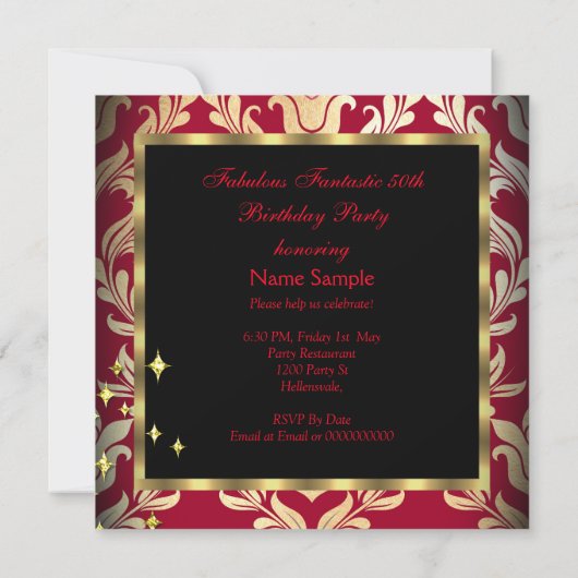 ZIZZAGO DESIGN Fabulous 50 Red Gold Damask Party Kaart (Achterkant)